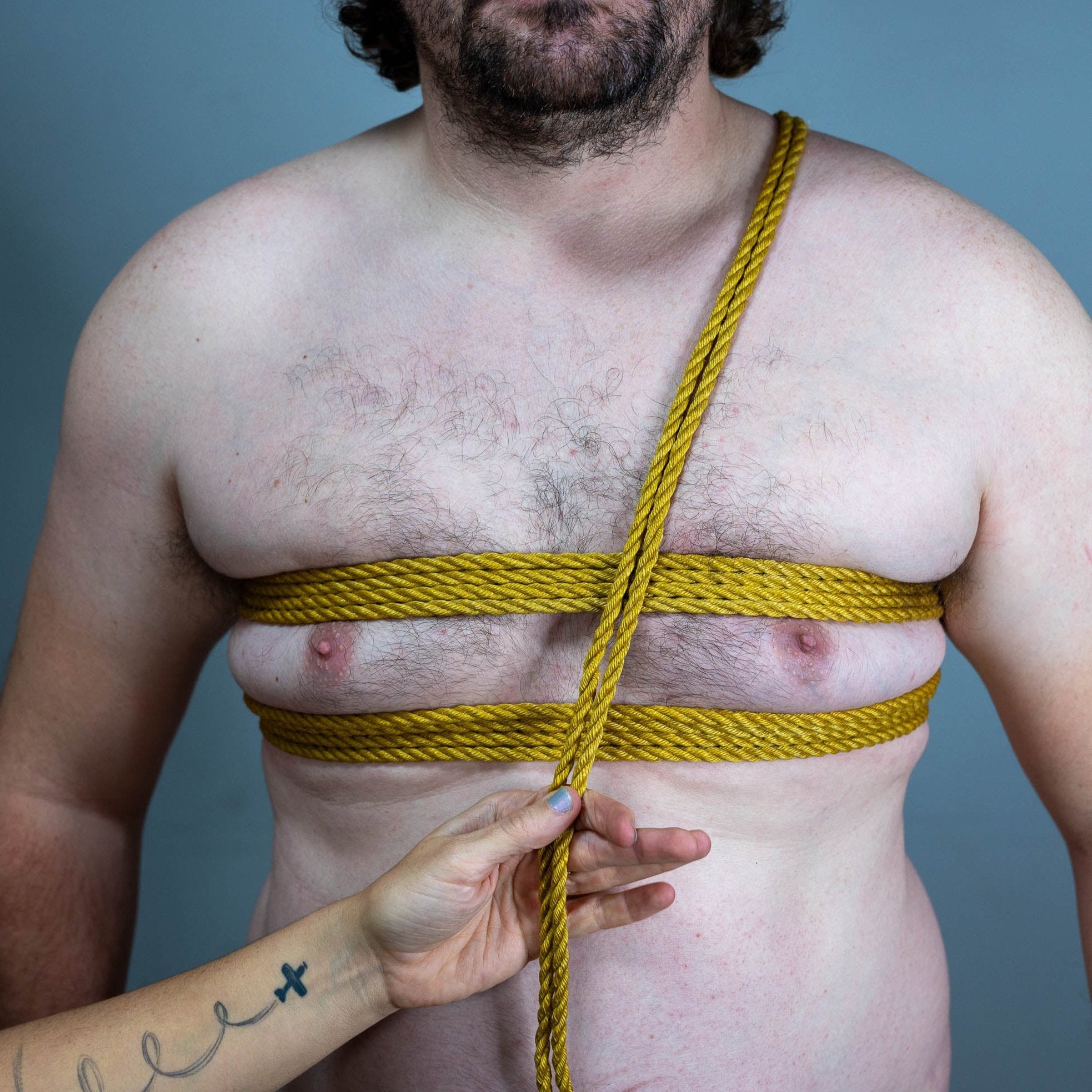 Shibari rope tutorial Shinju Chest Harness: Yellow Jute Rope