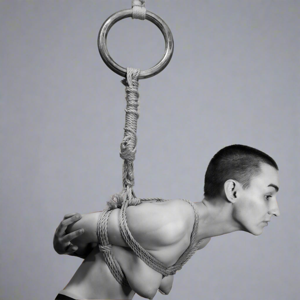 Shibari ring, suspension black and white rope tie