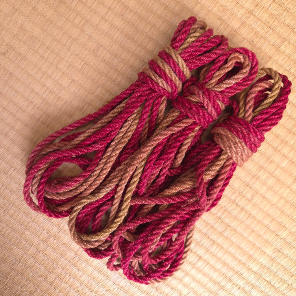 Coiled red and brown rope on a tatami